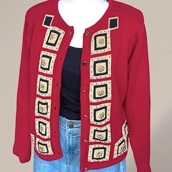 Vintage Red Knit Cardigan Geometric Squares Gold Button Front Retro Sweater M - Picture 3 of 10